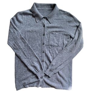 Superfine Merino Wool Gray Button-Up Cardigan with breast pocket and collar